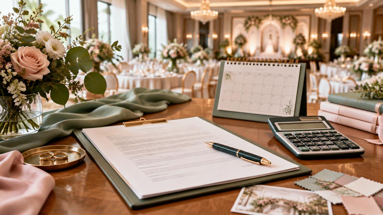 Kontrak venue, kalender, kalkulator, dan cincin pernikahan di atas meja