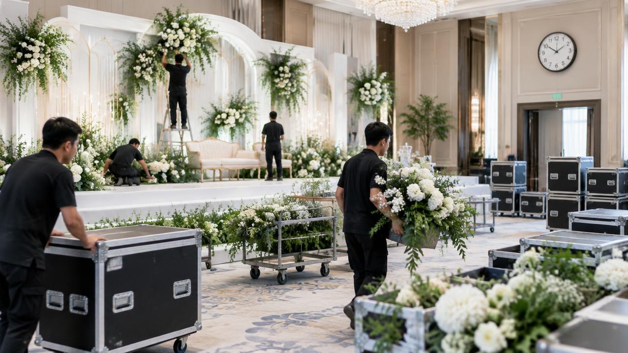 Tim dekorasi menyiapkan pelaminan dan perlengkapan di dalam ballroom pernikahan