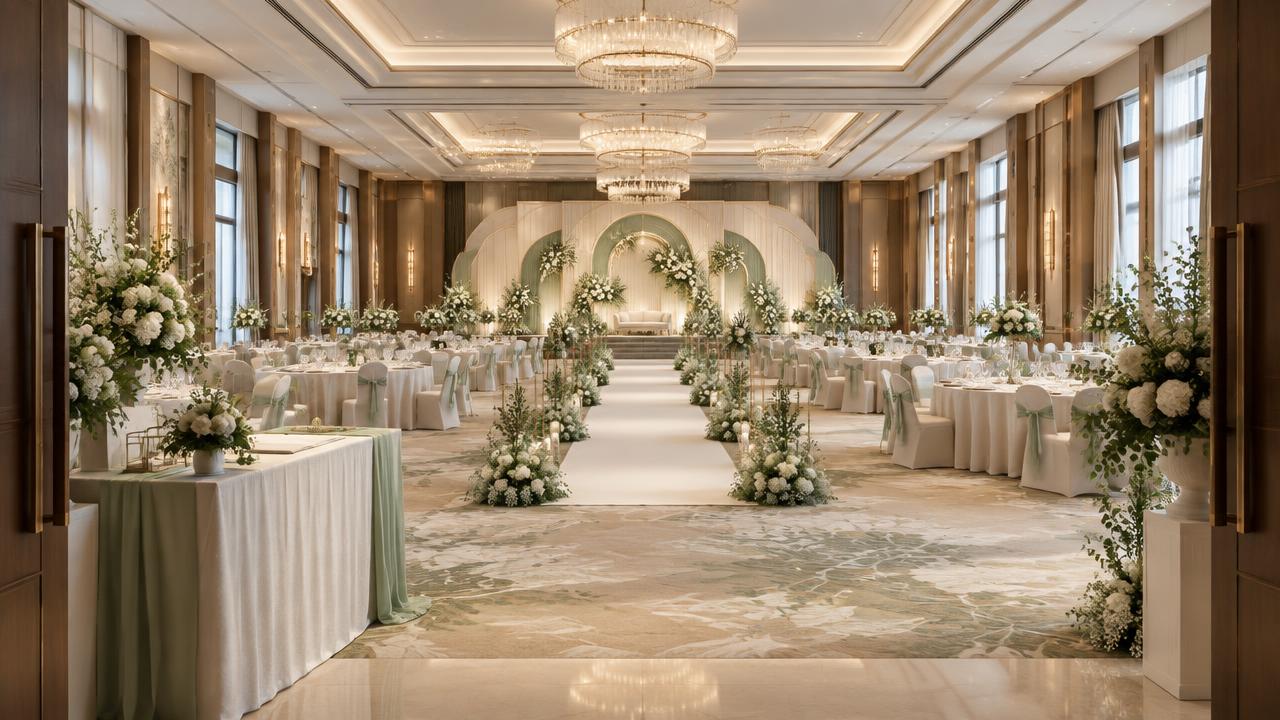 Ballroom pernikahan dengan jalur tamu lapang dari pintu masuk menuju pelaminan