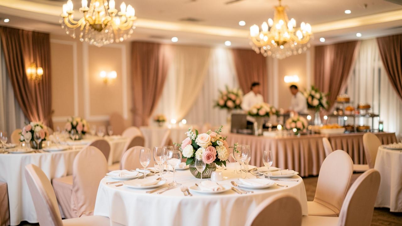 Susunan meja bulat elegan di ballroom pernikahan dengan centerpiece bunga dan chandelier