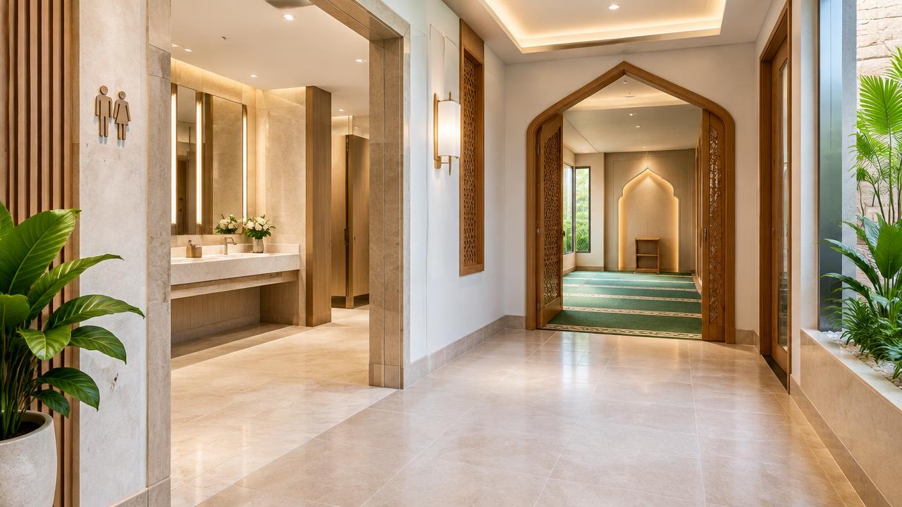 Koridor fasilitas toilet modern dan mushola yang bersih di sebuah venue pernikahan