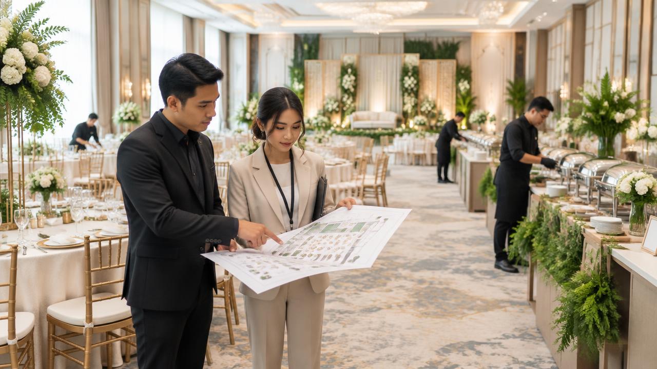 Pengelola venue dan perencana pernikahan memeriksa layout katering di ballroom