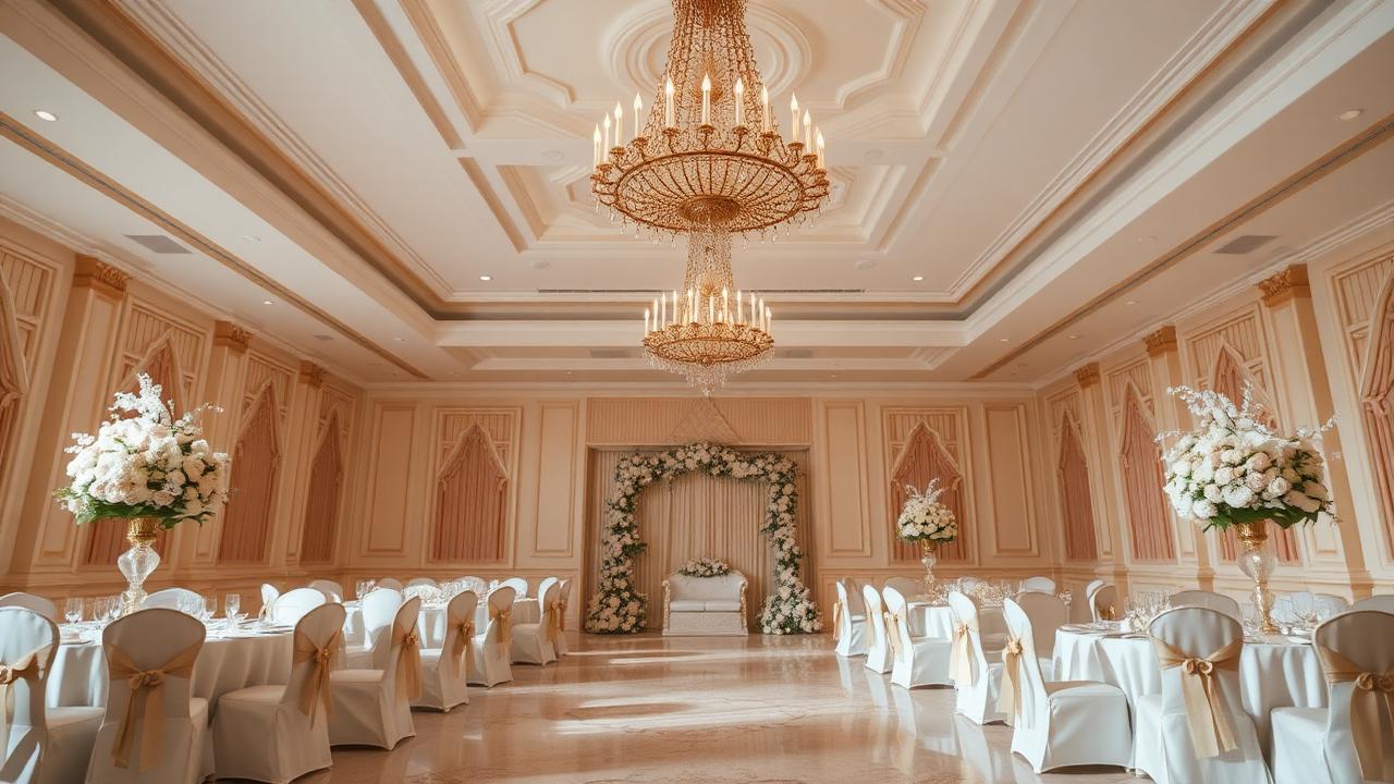 Interior ballroom pernikahan dengan chandelier dan dekorasi bunga putih