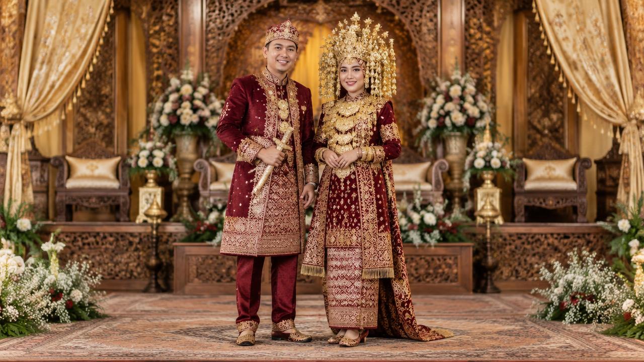 Ilustrasi pengantin bernuansa adat Komering dengan busana songket merah dan emas di pelaminan
