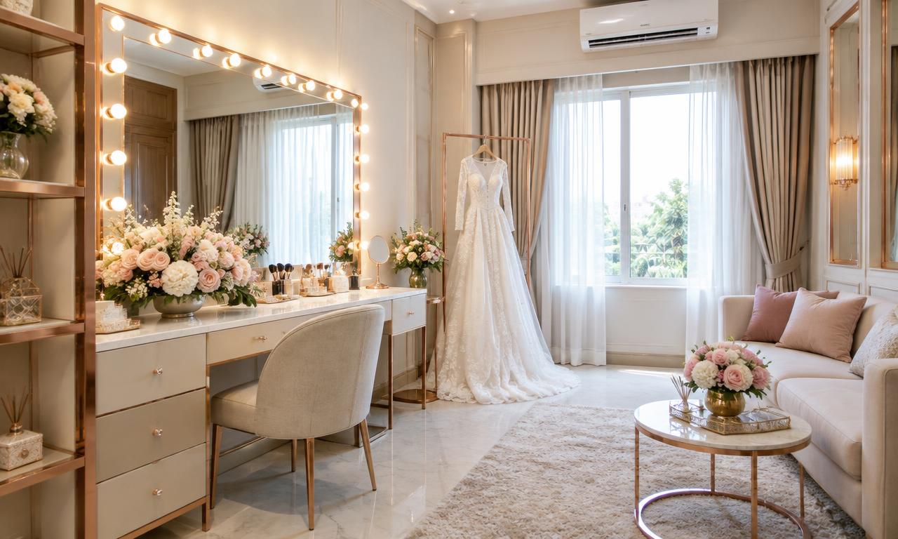 Ruang rias pengantin elegan dengan meja rias bercermin lampu, gaun pengantin putih, dan bunga pastel